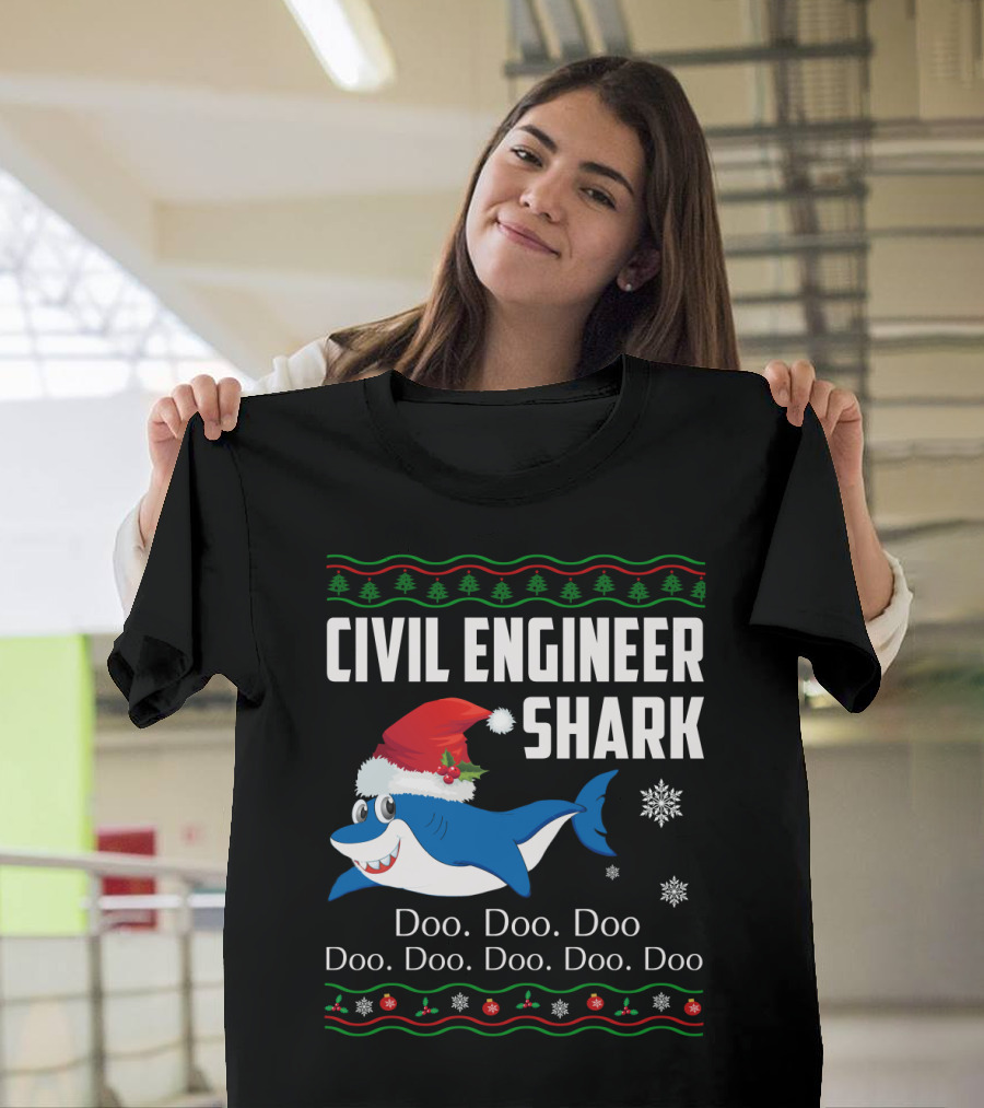Civil Engineer Shark Christmas Santa Hat Doo Doo Doo Snowflakes T-Shirt