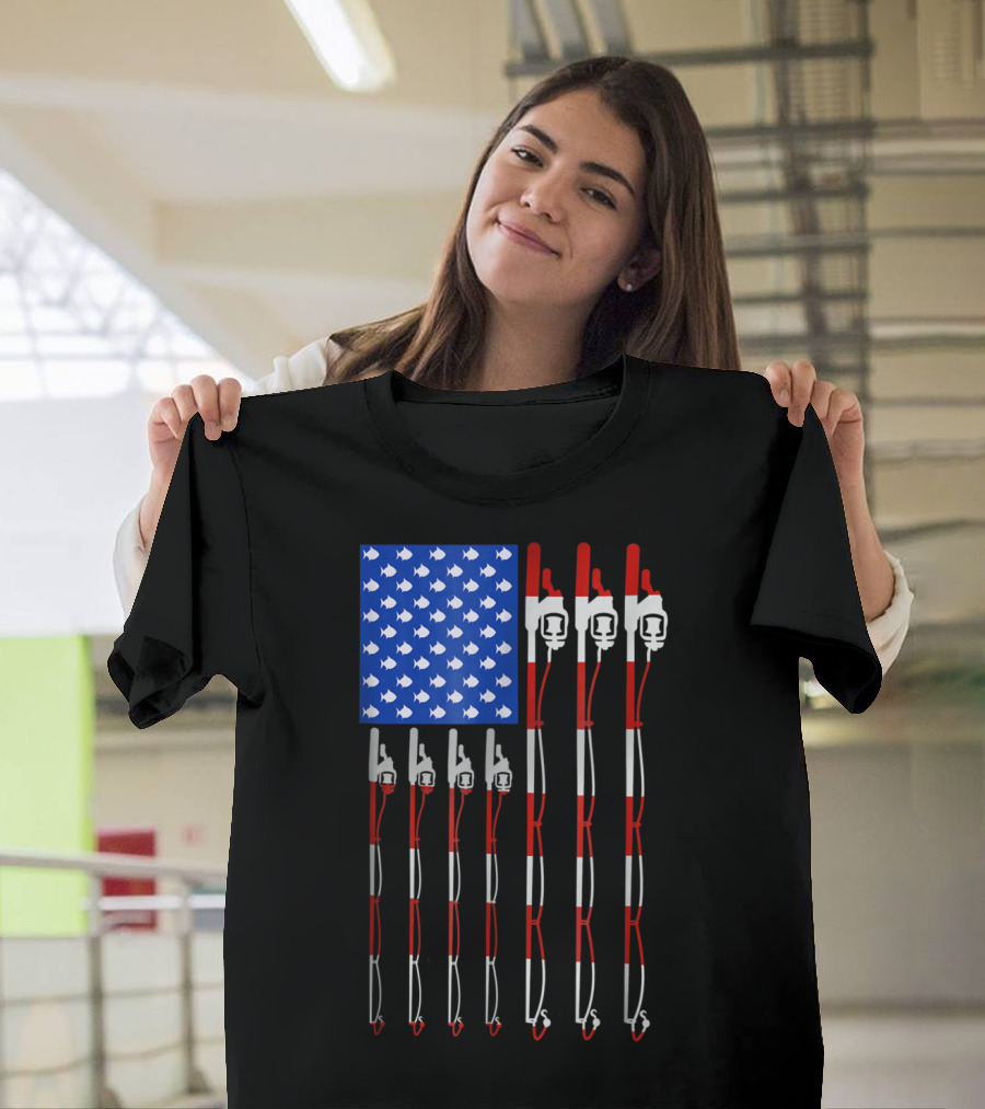 Vintage Distressed American Flag Fishing Poles with Fish T-Shirt