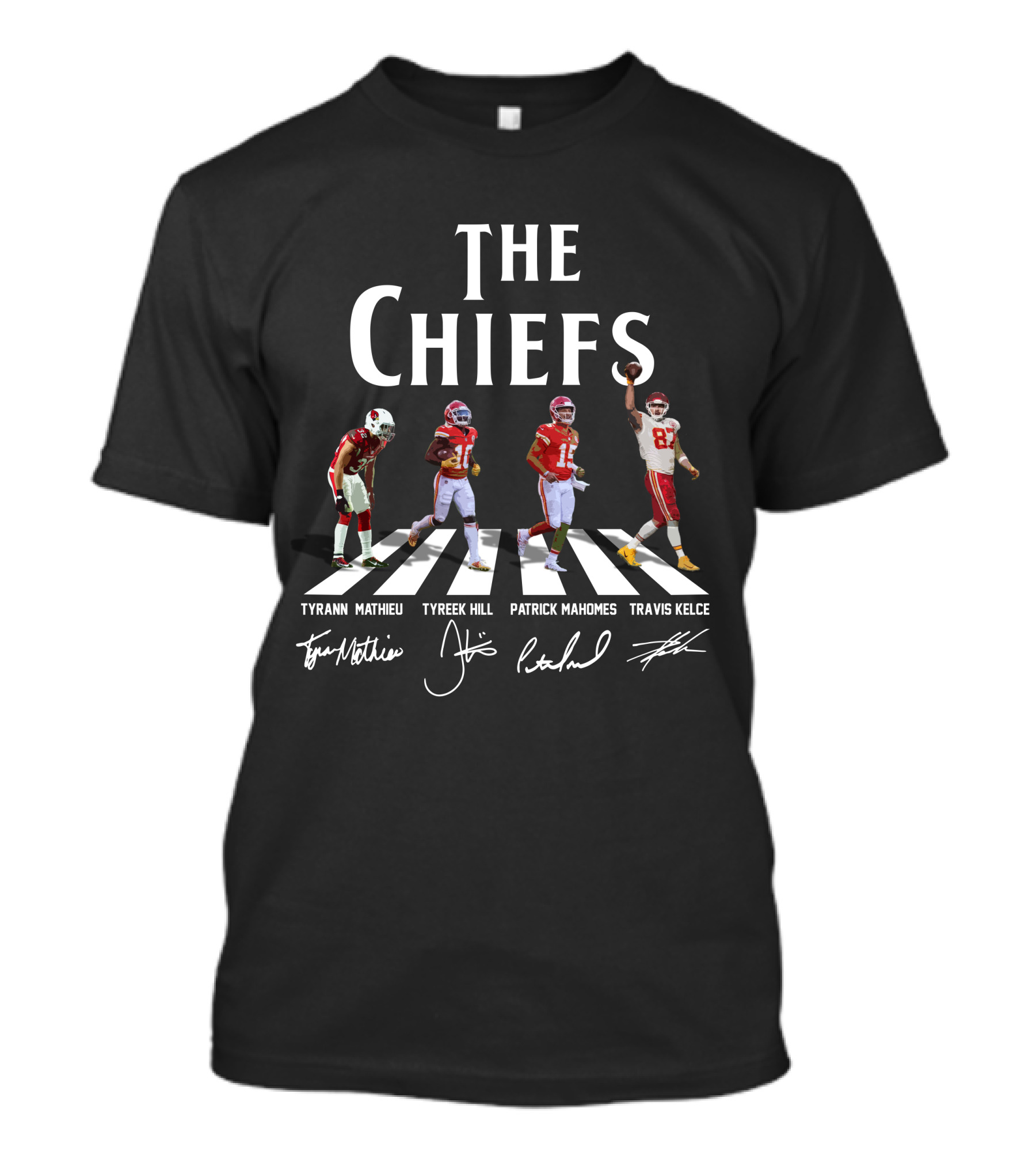 The Chiefs Tyrann Mathieu Tyreek Hill Patrick Mahomes Travis Kelce Signatures Football Abbey Road T-Shirt