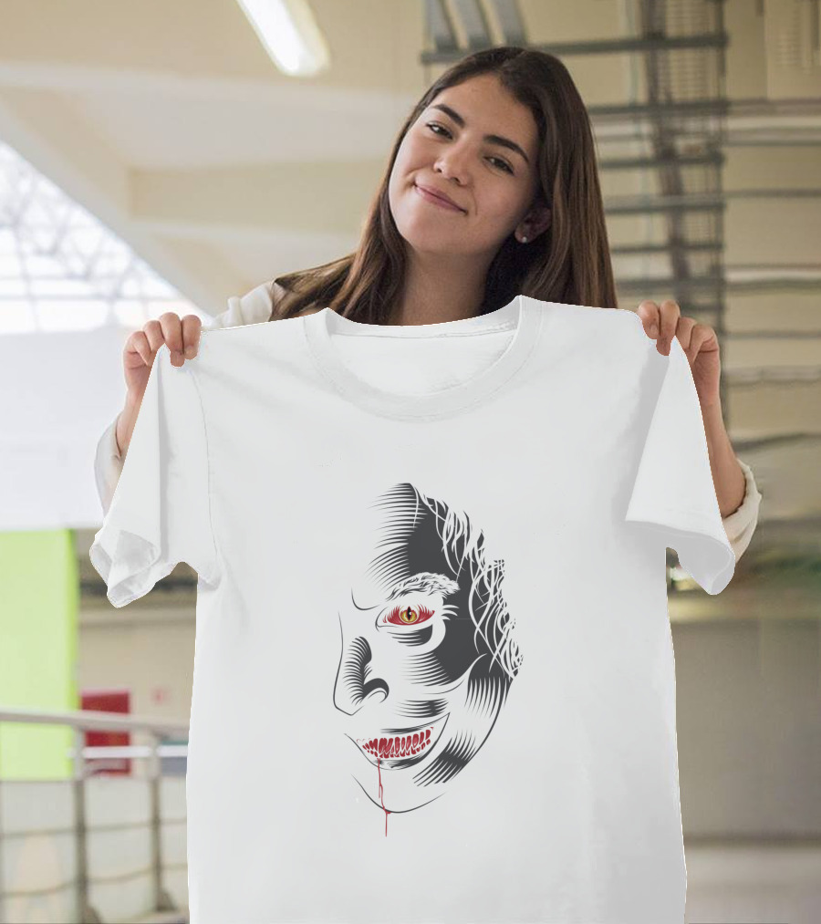 Aswang 1186733 Creepy Red-Eyed Smiling Face with Blood Drip T-Shirt