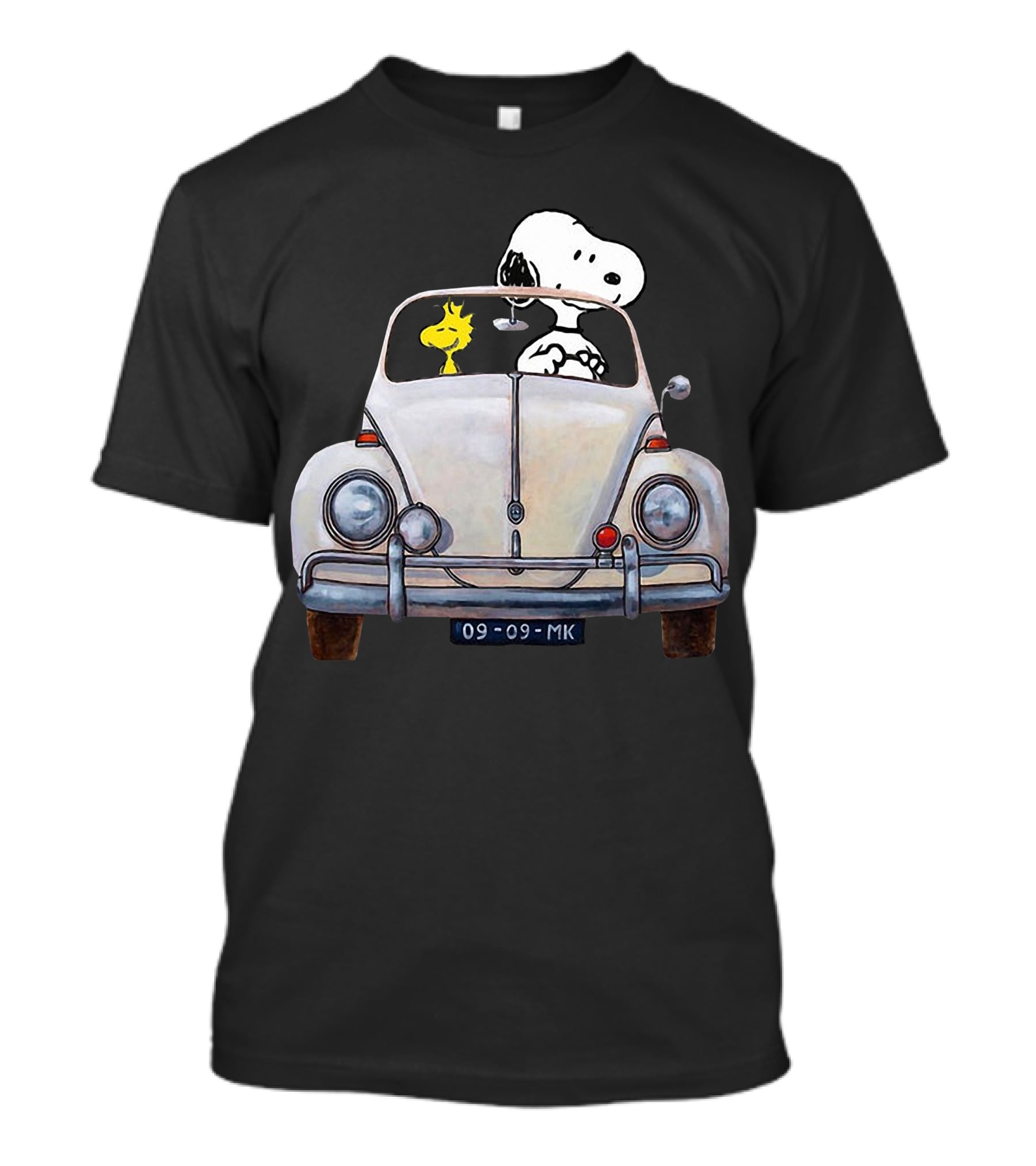 Snoopy And Woodstock Riding In Classic Volkswagen Beetle Car T-Shirt