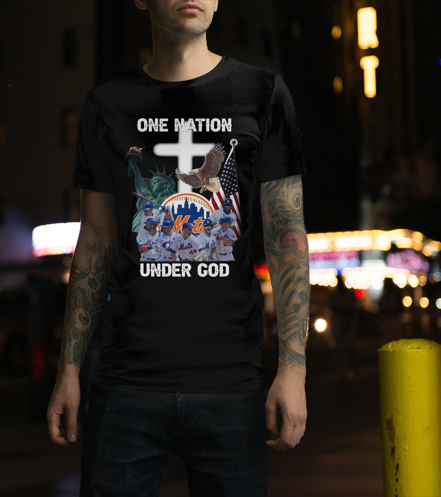 New York Mets One Nation Under God Liberty Eagle Flag Cross Baseball Players T-Shirt