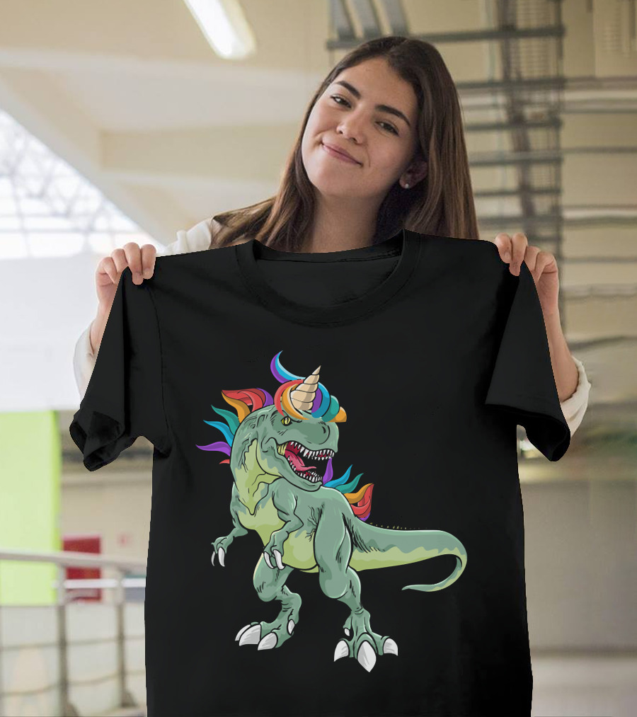 Unicorn Dinosaur Rex With Rainbow Mane And Horn T-Shirt