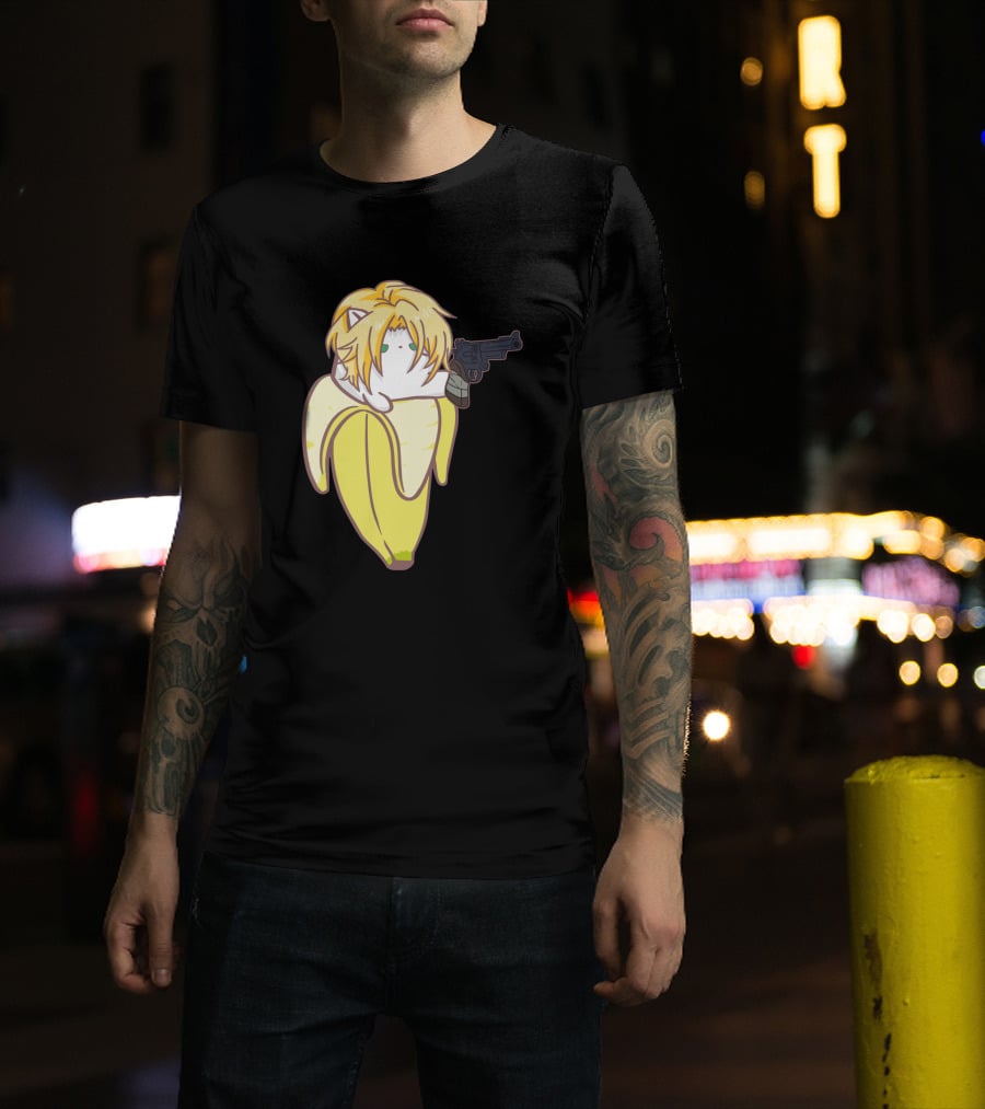 Bananya Fish 990217 Cat In Banana Costume With Toy Gun Anime T-Shirt