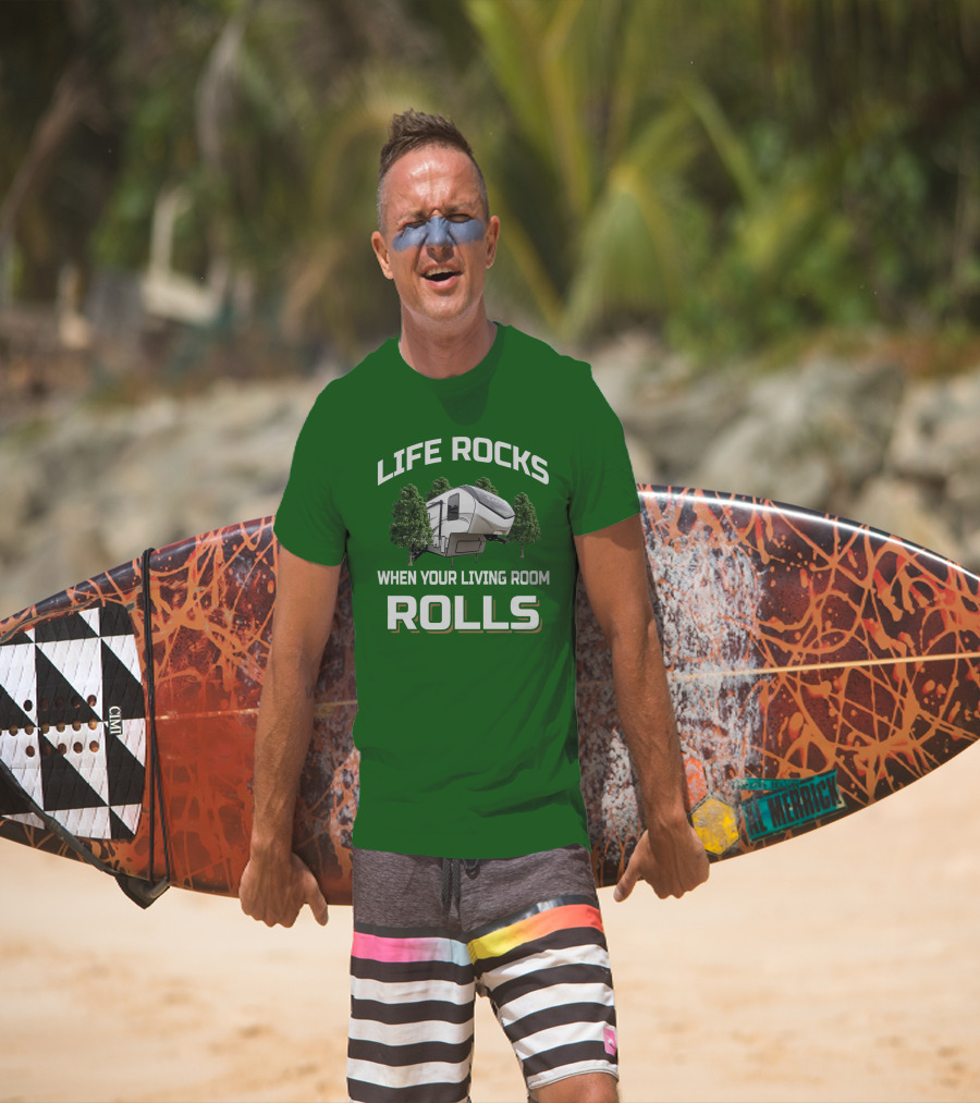 LIFE ROCKS WHEN YOUR LIVING ROOM ROLLS Cougar Camper RV Adventure T-Shirt