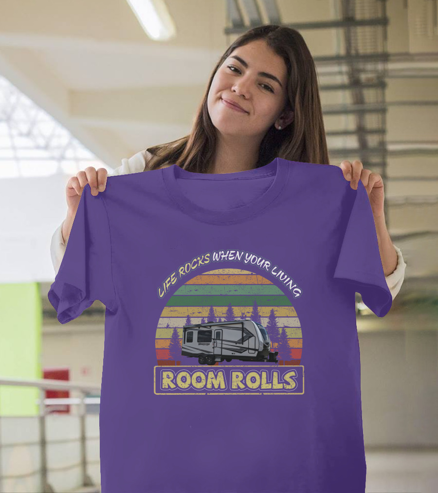 Life Rocks When Your Living Room Rolls Camper Vintage Sunset Forest T-Shirt