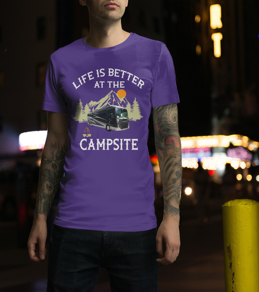 Life Is Better At The Campsite Winnebago 42QL Mountain Sunset Campfire T-Shirt