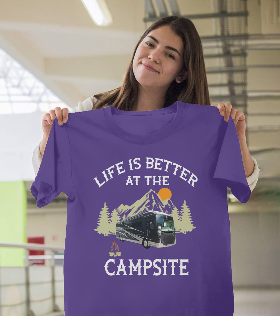 Life Is Better At The Campsite Winnebago 42QL Mountain Sunset Campfire T-Shirt