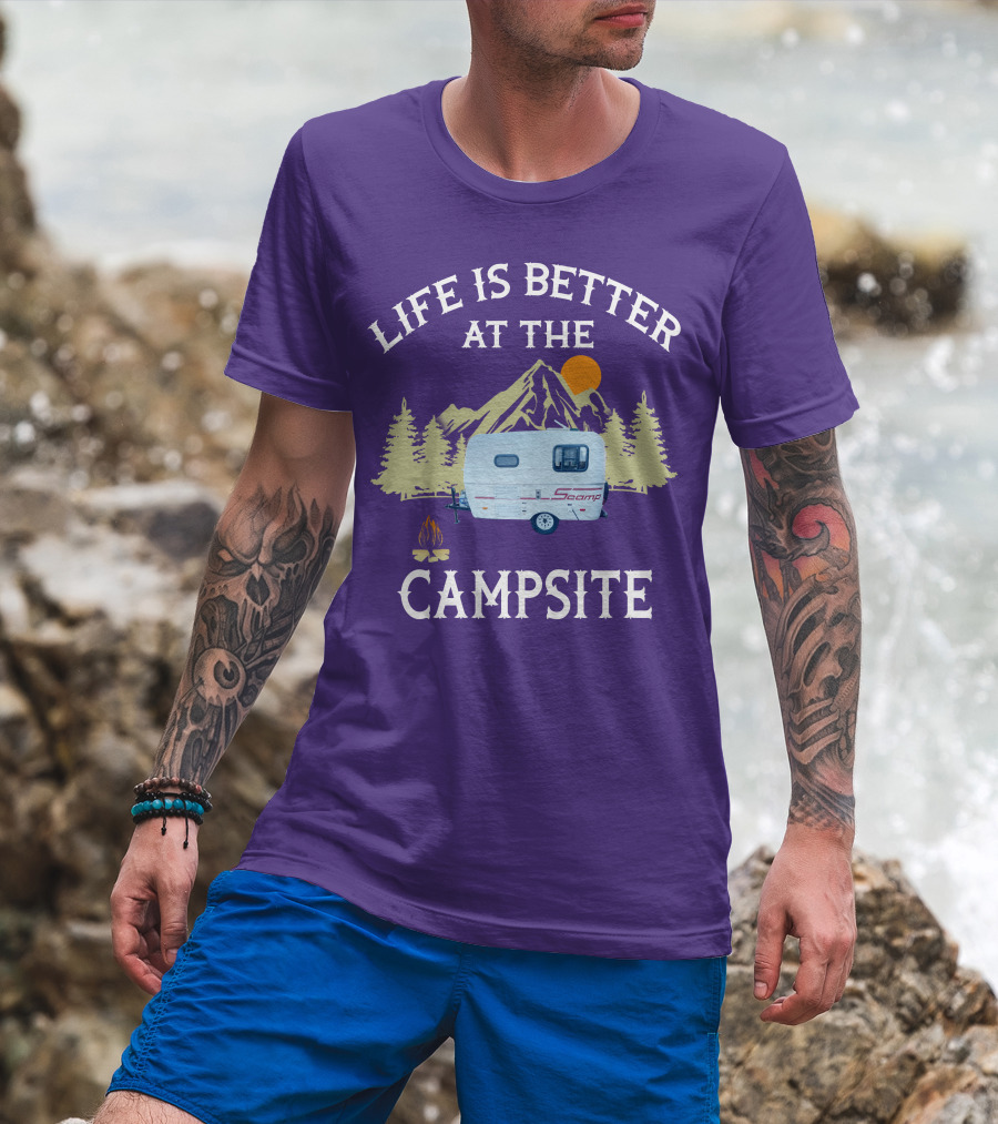 Life Is Better At The Campsite Scamp Small Travel Trailers Mountain Sunset T-Shirt