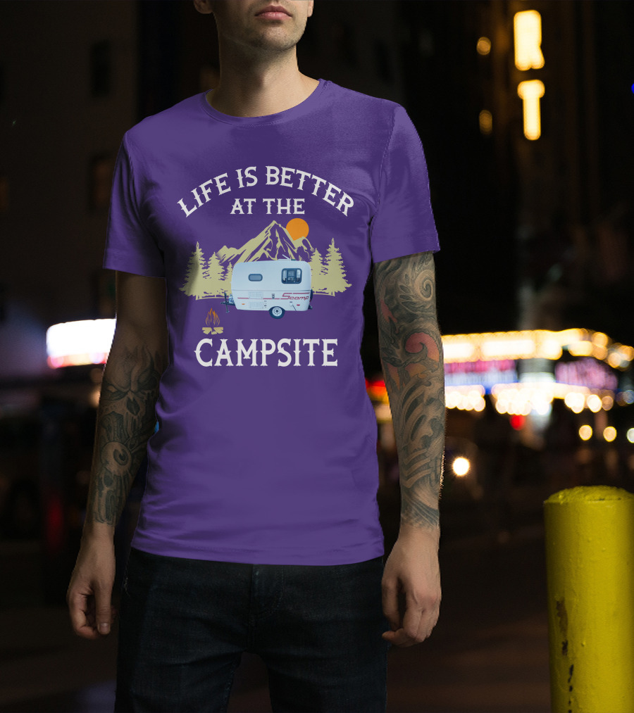 Life Is Better At The Campsite Scamp Small Travel Trailers Mountain Sunset T-Shirt