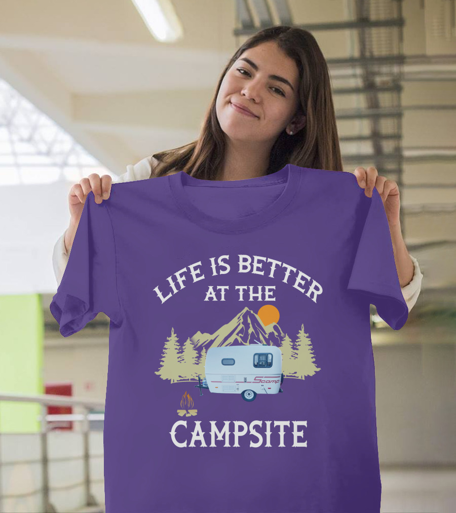 Life Is Better At The Campsite Scamp Small Travel Trailers Mountain Sunset T-Shirt