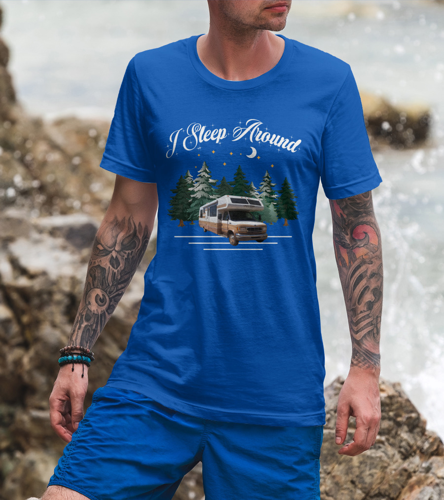 I Sleep Around Lazy Daze Motorhome Forest Night Moon Stars Camping T-Shirt
