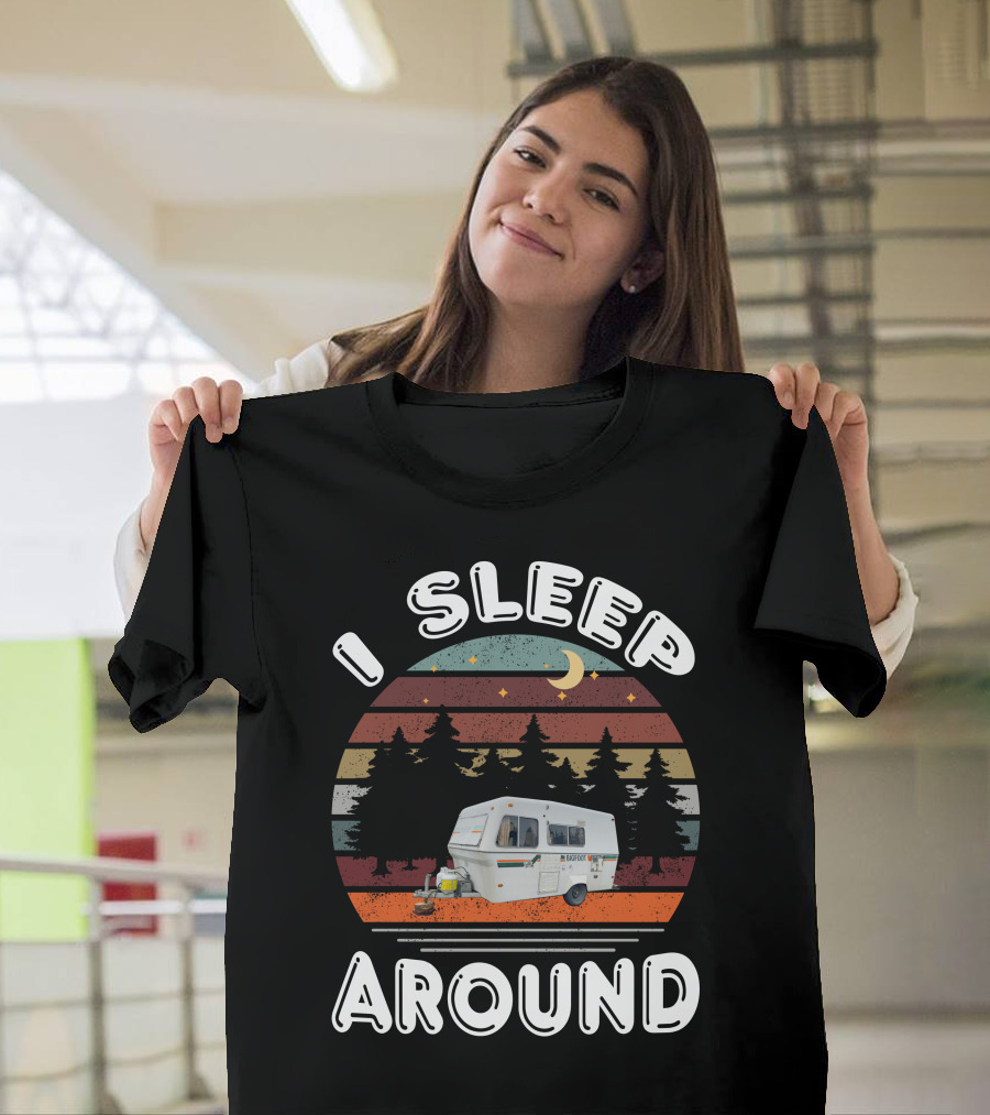 I Sleep Around Bigfoot Fiberglass Camper Forest Scene T-Shirt