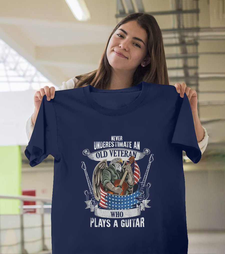 Never Underestimate An Old Veteran Who Plays A Guitar Eagle USA Flag T-Shirt