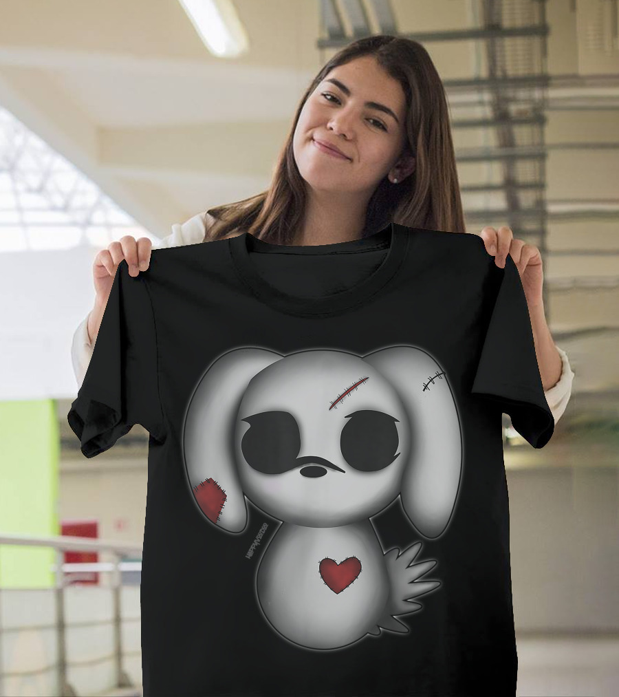 Emo Chibi Kawaii Goth Patchwork Heart Bunny T-Shirt