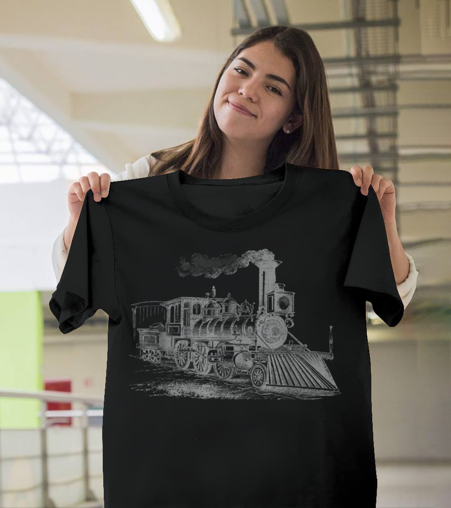 Vintage Steam Train Locomotive Sketch Railway Engine T-Shirt
