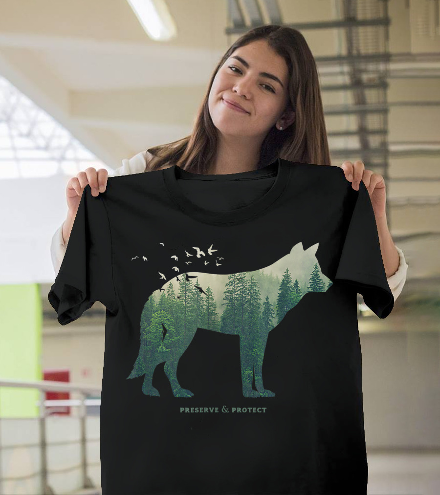 Preserve and Protect Forest Wolf with Birds and Trees T-Shirt