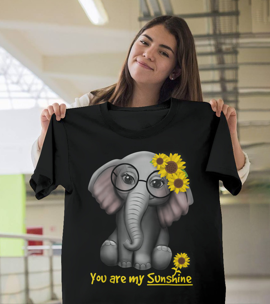 You Are My Sunshine Elephant Sunflowers Glasses Cute Cartoon T-Shirt