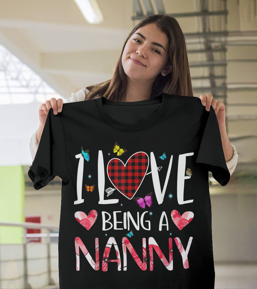 I Love Being A Nanny Checkered Heart Butterflies T-Shirt