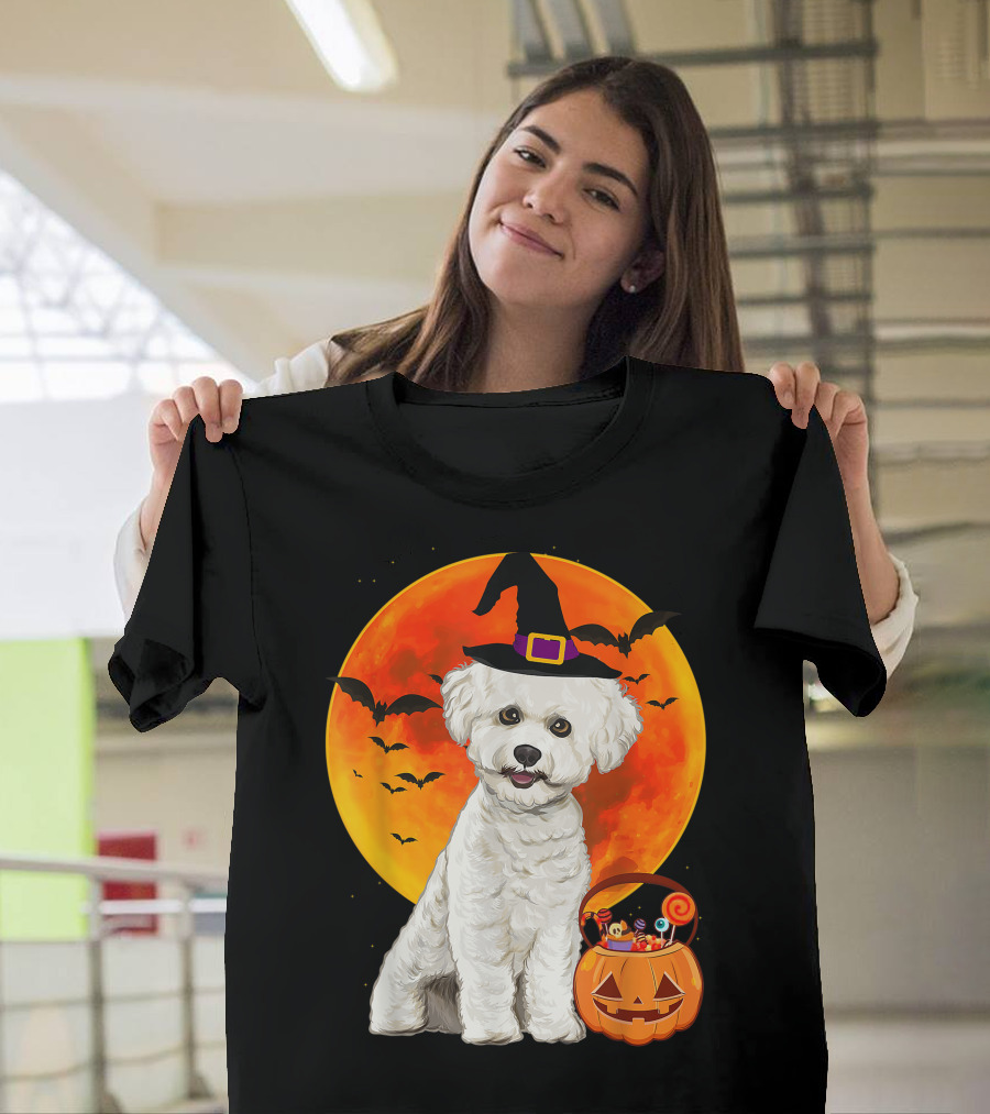 Bichons Frise Dog Witch Hat Jack O Lantern Pumpkin Full Moon Bats Halloween T-Shirt