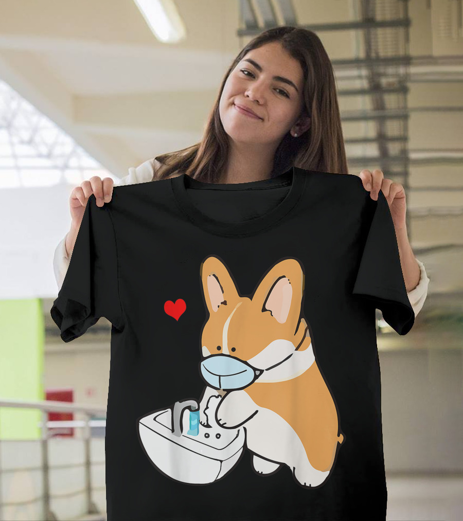 Wholesome Corgi Wearing Mask Washing Hands with Hand Sanitizer Heart T-Shirt