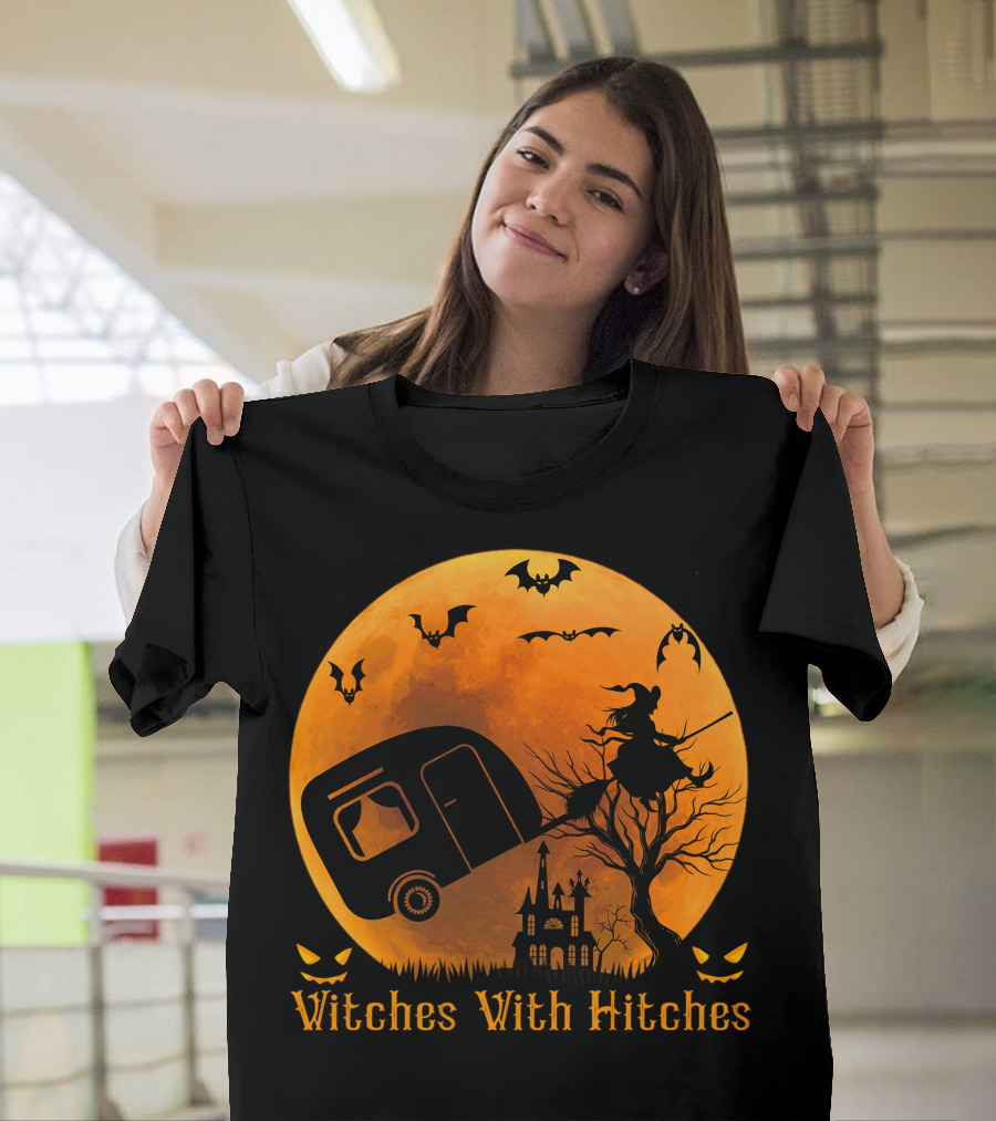 Witches With Hitches Halloween Camper Camping Moon with Bats and Haunted House T-Shirt
