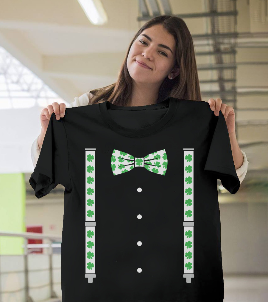 St. Patrick's Day Shamrocks Bow Tie Suspenders Black Tuxedo T-Shirt
