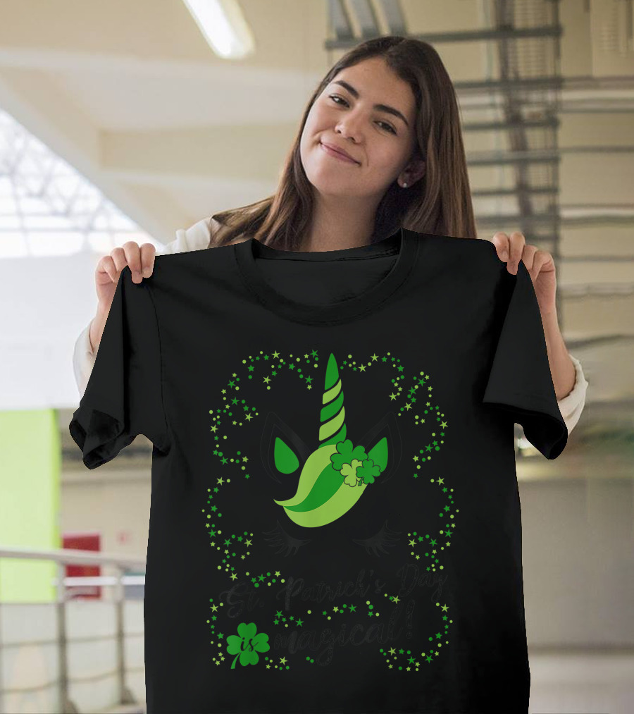 St Patricks Day Magical Unicorn with Four Leaf Clover and Stars T-Shirt