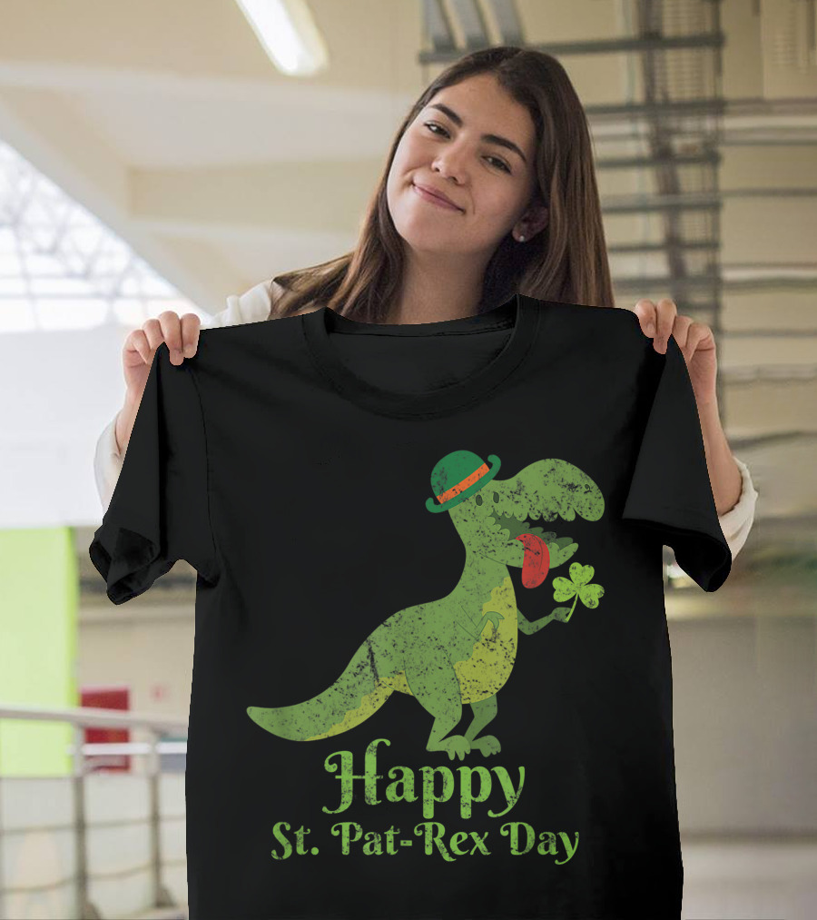 Happy St. Pat-Rex Day Dinosaur with Shamrock and Hat T-Shirt