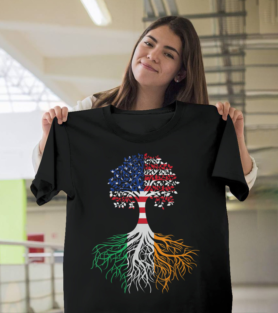 St. Patrick's Day Irish Roots American Branches USA Flag Tree T-Shirt