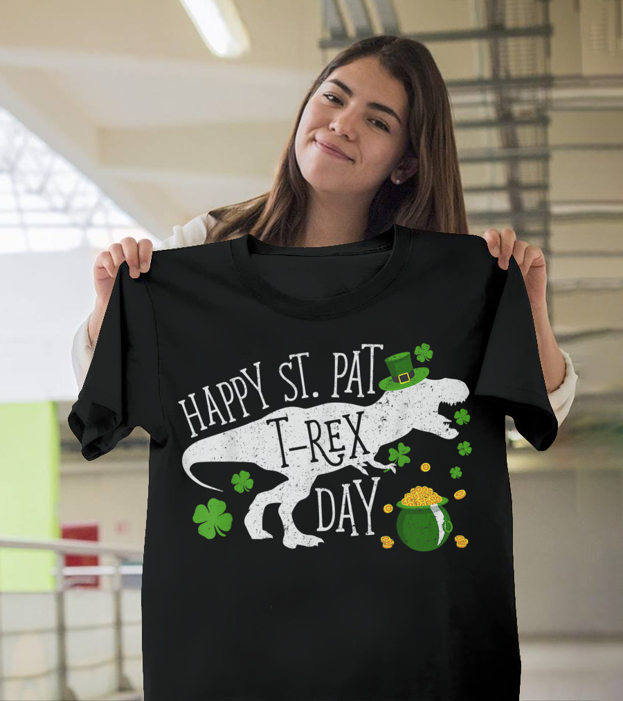Happy St. Pat T-Rex Day Saint Patrick's Day Dinosaur Clover Coins Hat T-Shirt