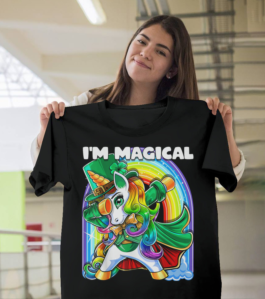 I'm Magical St. Patrick's Day Dabbing Unicorn with Rainbow and Leprechaun Hat T-Shirt