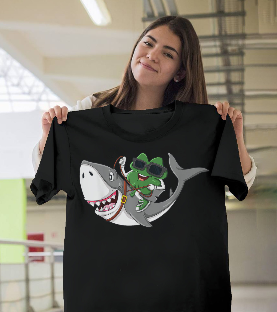 Shamrock Wearing Sunglasses Riding a Shark T-Shirt