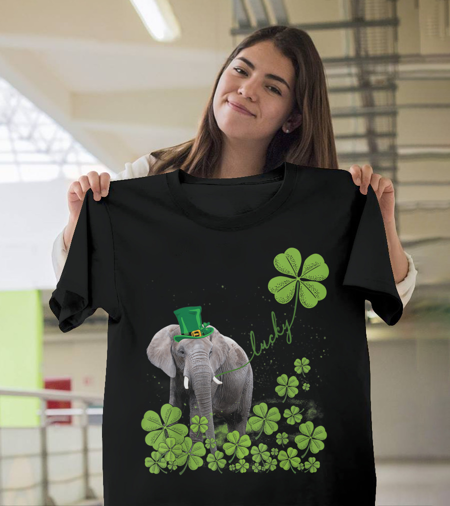 Lucky Elephant with Shamrock Hat and Clovers T-Shirt
