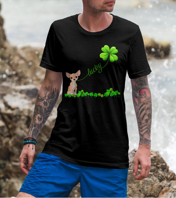 Irish Lucky Chihuahua With Shamrock And Clover Elements T-Shirt