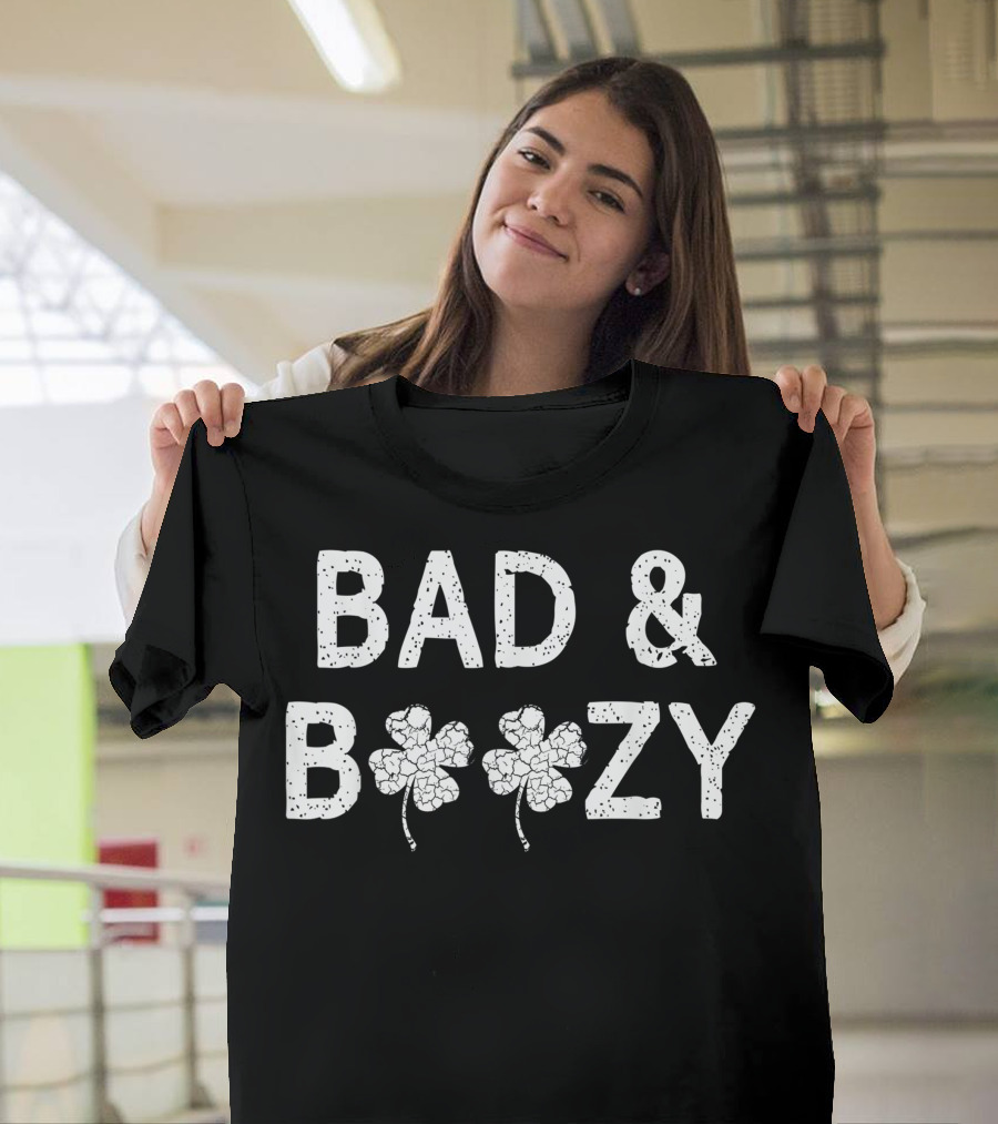 Bad and Boozy Fun St Patrick's Day Women Shamrock Drinking T-Shirt