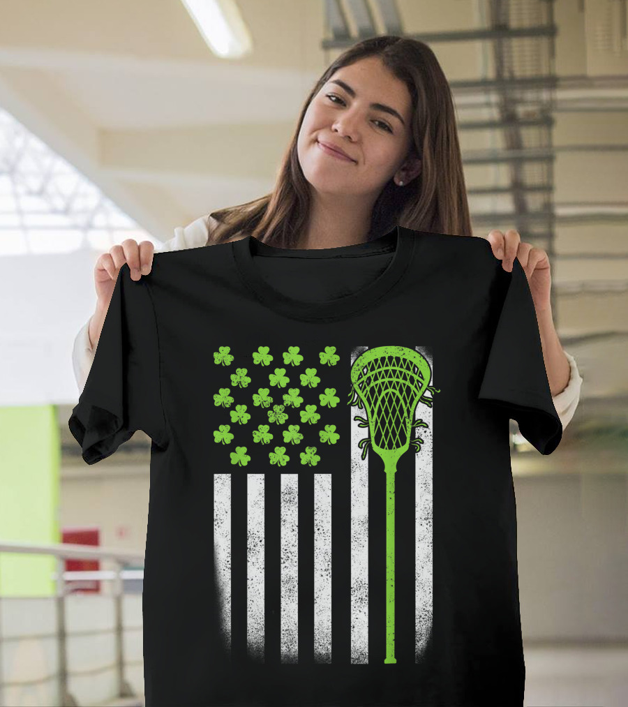 St Patricks Day Irish Shamrock USA Flag Lacrosse Lax Women T-Shirt