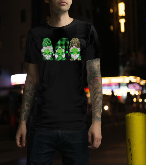 Happy St. Patrick's Day Three Gnomes Holding Shamrock With Green Plaid And Leopard Print Hats T-Shirt