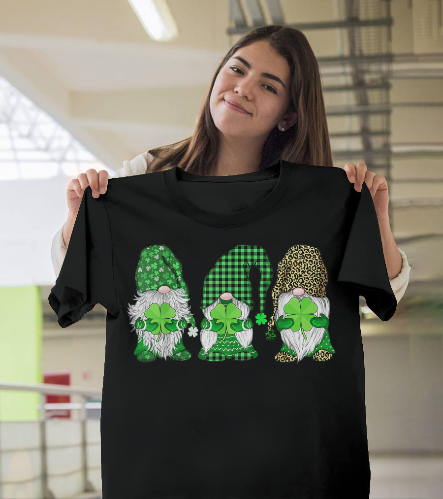 Happy St. Patrick's Day Three Gnomes Holding Shamrock with Green Plaid and Leopard Print Hats T-Shirt