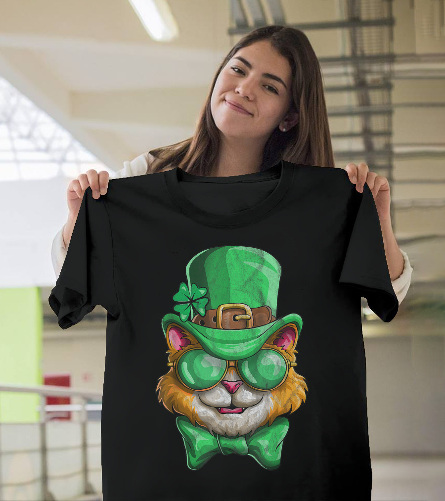 Lepurrchaun St. Patrick's Day Kitty Cat with Green Hat and Bowtie T-Shirt