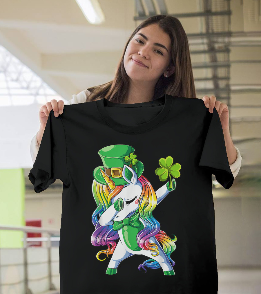 St Patricks Day Girls Dabbing Unicorn Leprechaun Lepricorn Rainbow Shamrock T-Shirt