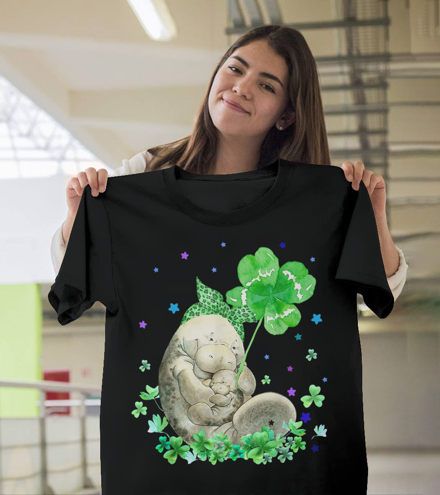 Manatee with Shamrock Holding Baby Surrounded by Stars and Clovers T-Shirt