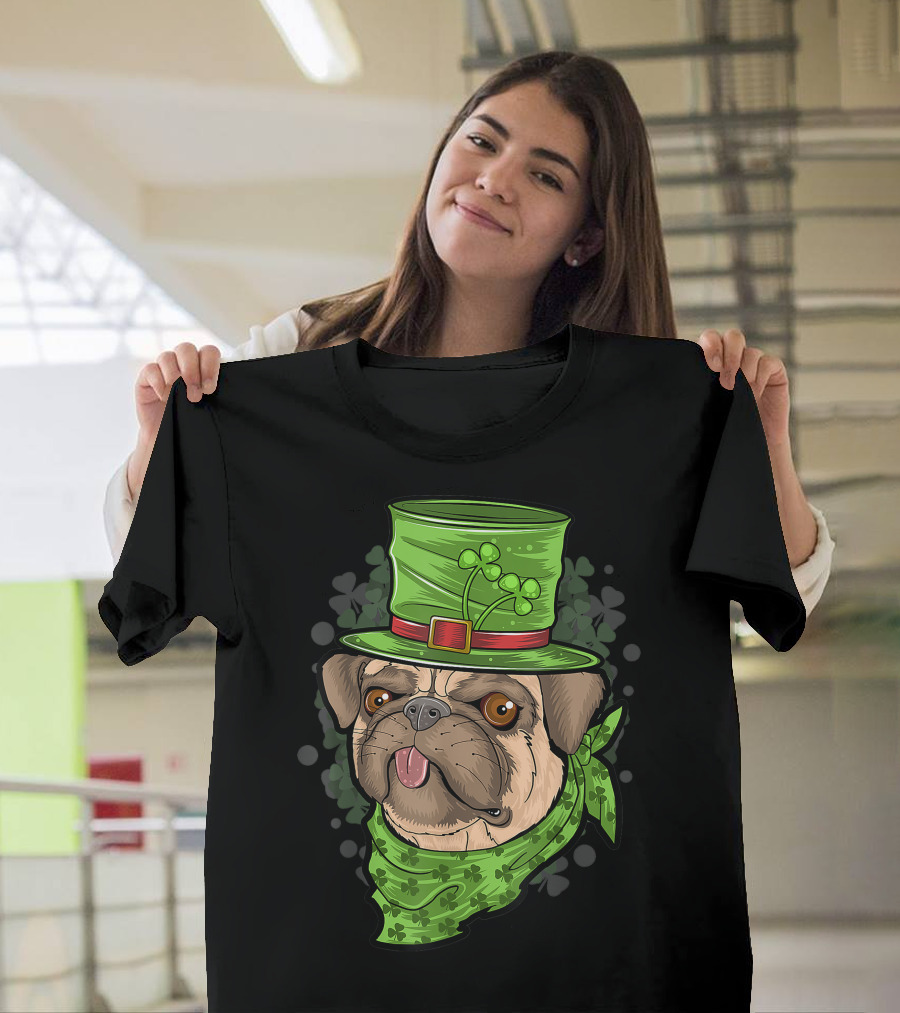 St. Patrick's Day Pug Puppy Dog in Shamrock Hat and Bandana T-Shirt