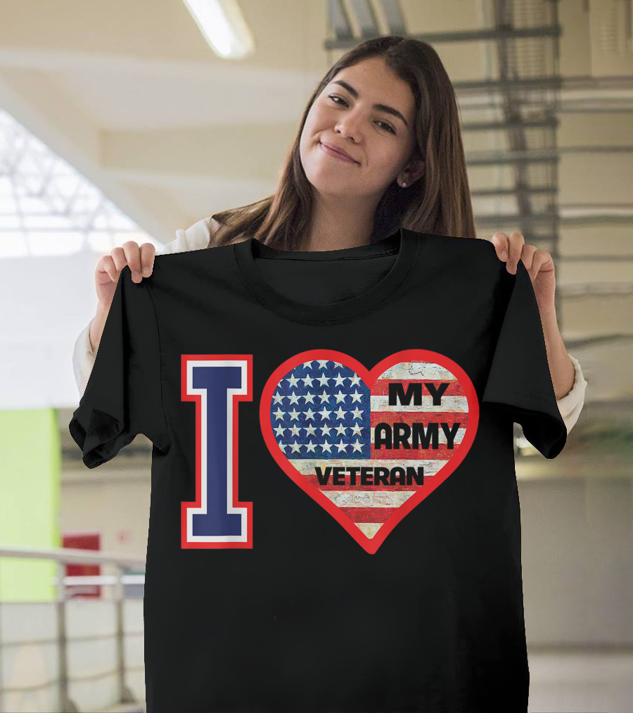I Love My Army Veteran American Flag Heart T-Shirt
