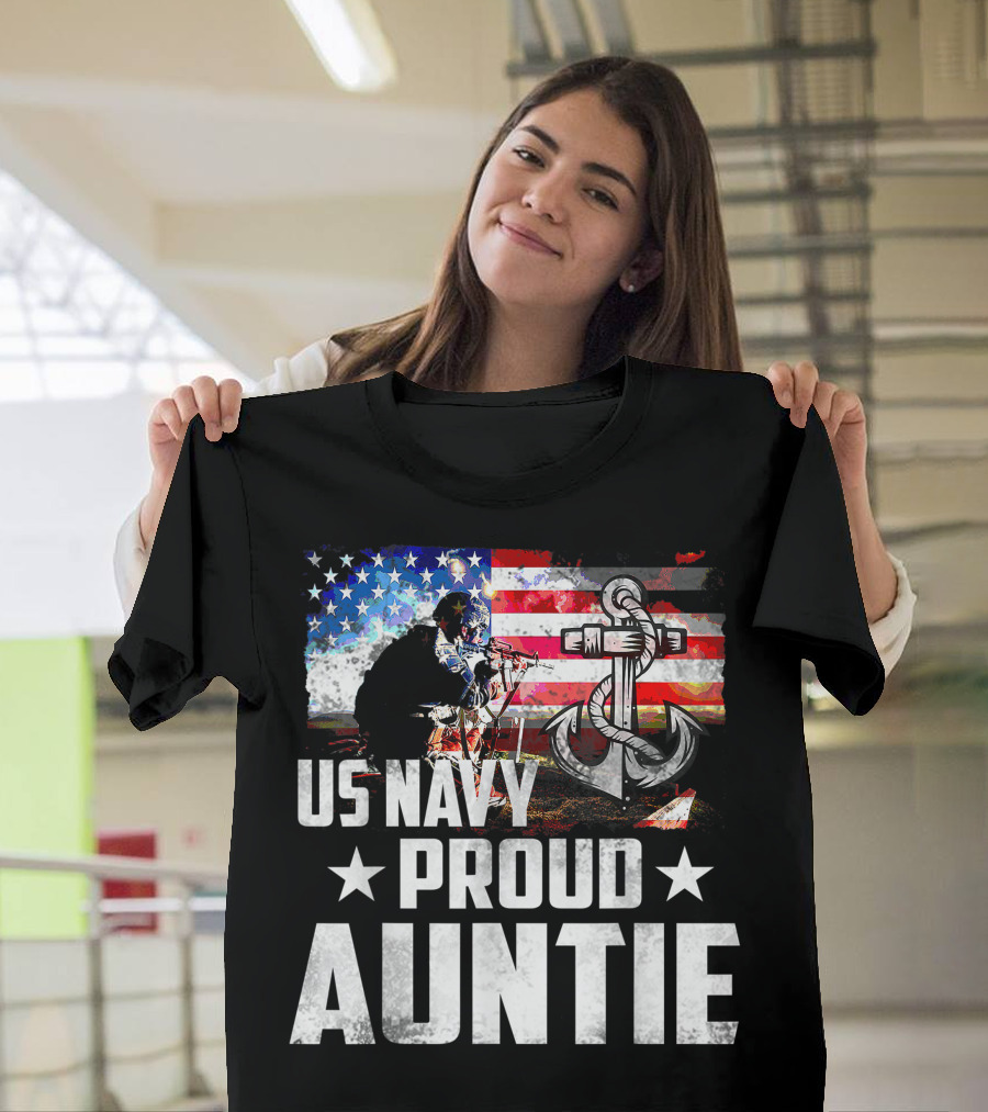 US Navy Proud Auntie with American Flag and Anchor Symbols T-Shirt