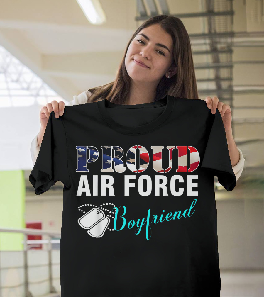 Proud Air Force Boyfriend with American Flag Typography and Dog Tags T-Shirt