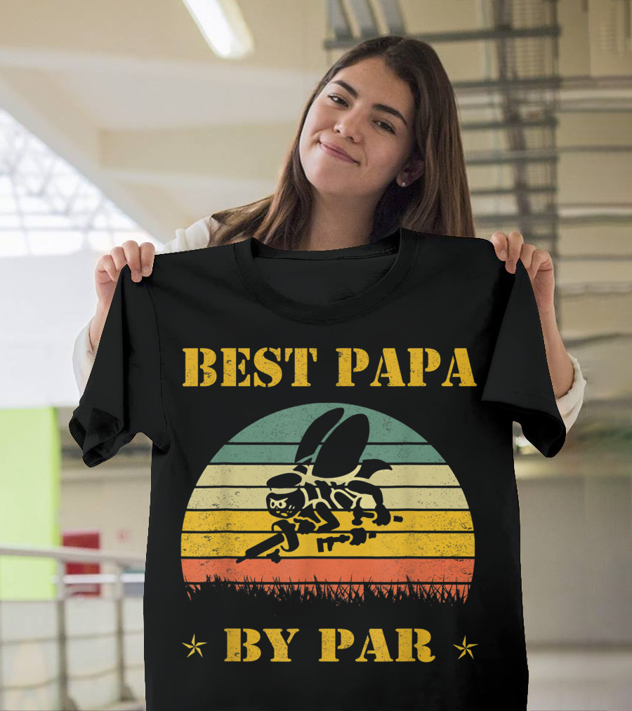 Best Papa By Par Seabee Veteran Retro Sunset Bee T-Shirt
