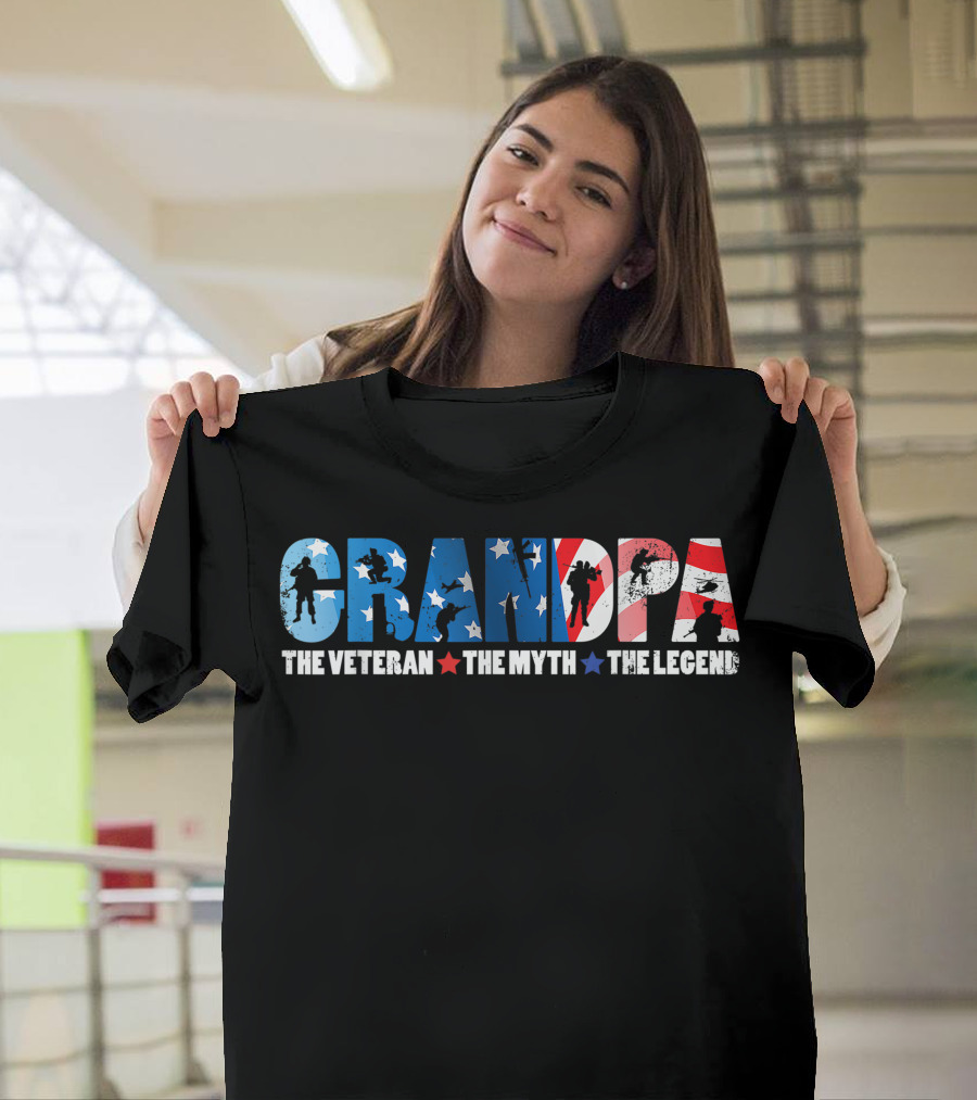 GRANDPA The Veteran The Myth The Legend American Flag Stars T-Shirt