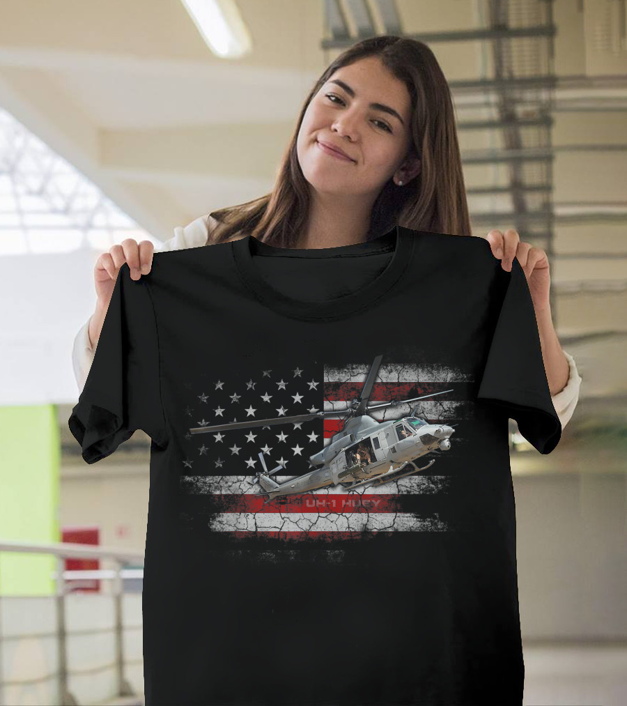 UH-1 Huey Helicopter Over American Flag Veteran T-Shirt