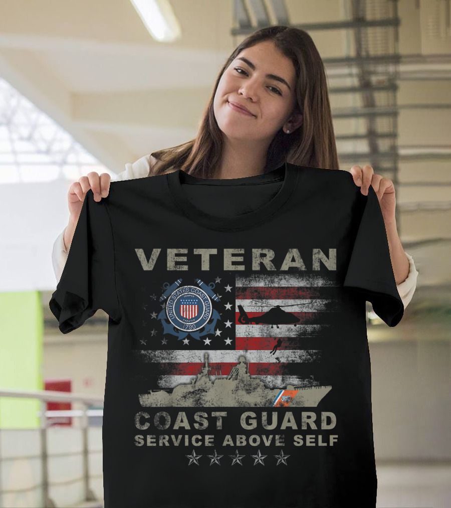 Veteran United States Coast Guard 1790 Service Above Self Flag and Helicopter T-Shirt